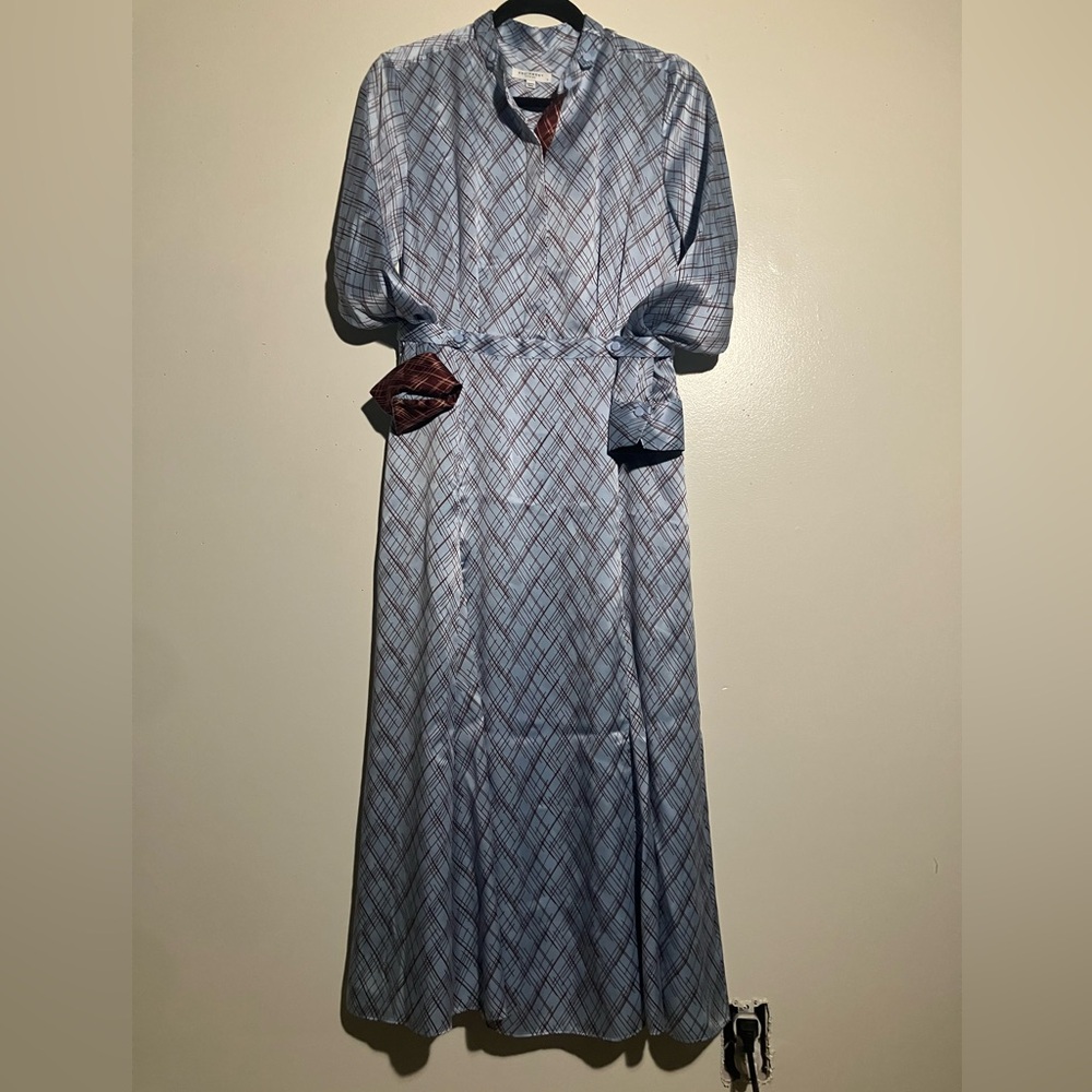 Equipment Blue and Rust red Plaid Long Sleeve Dress